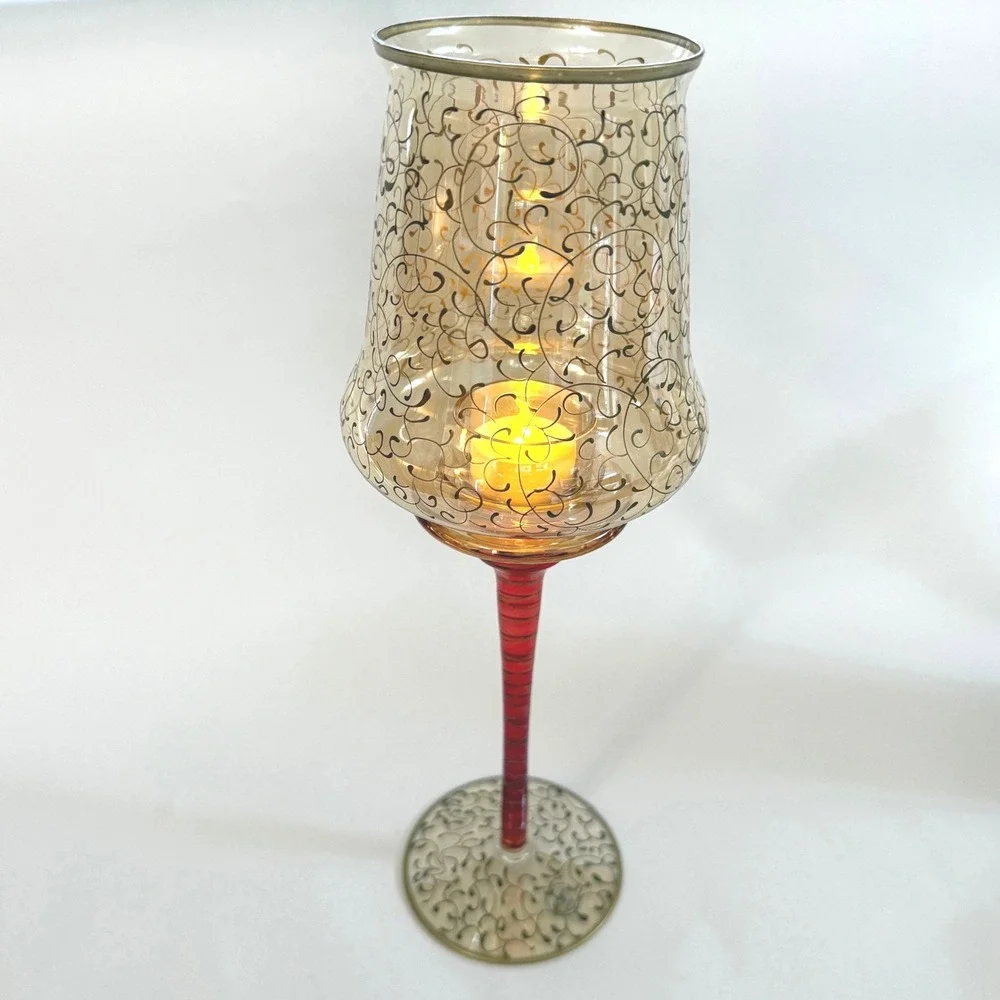 VINTAGE Pier 1 Jubilee Hand Blown Glass Hurricane Candle Holder Romania 14